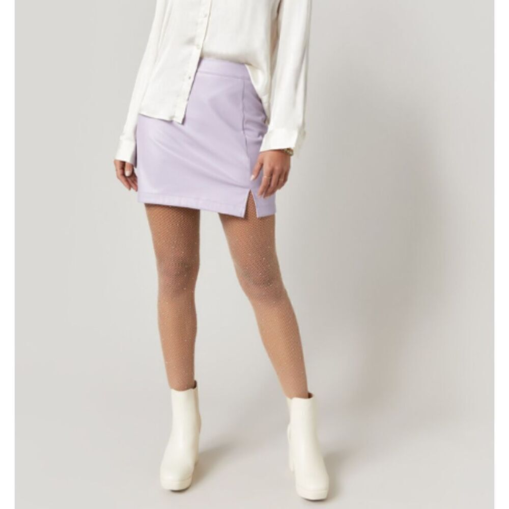 Alya SIDESLITVE Skirt Faux Leather Mini Back‎ Zip Slit Lavender Medium TFD70002